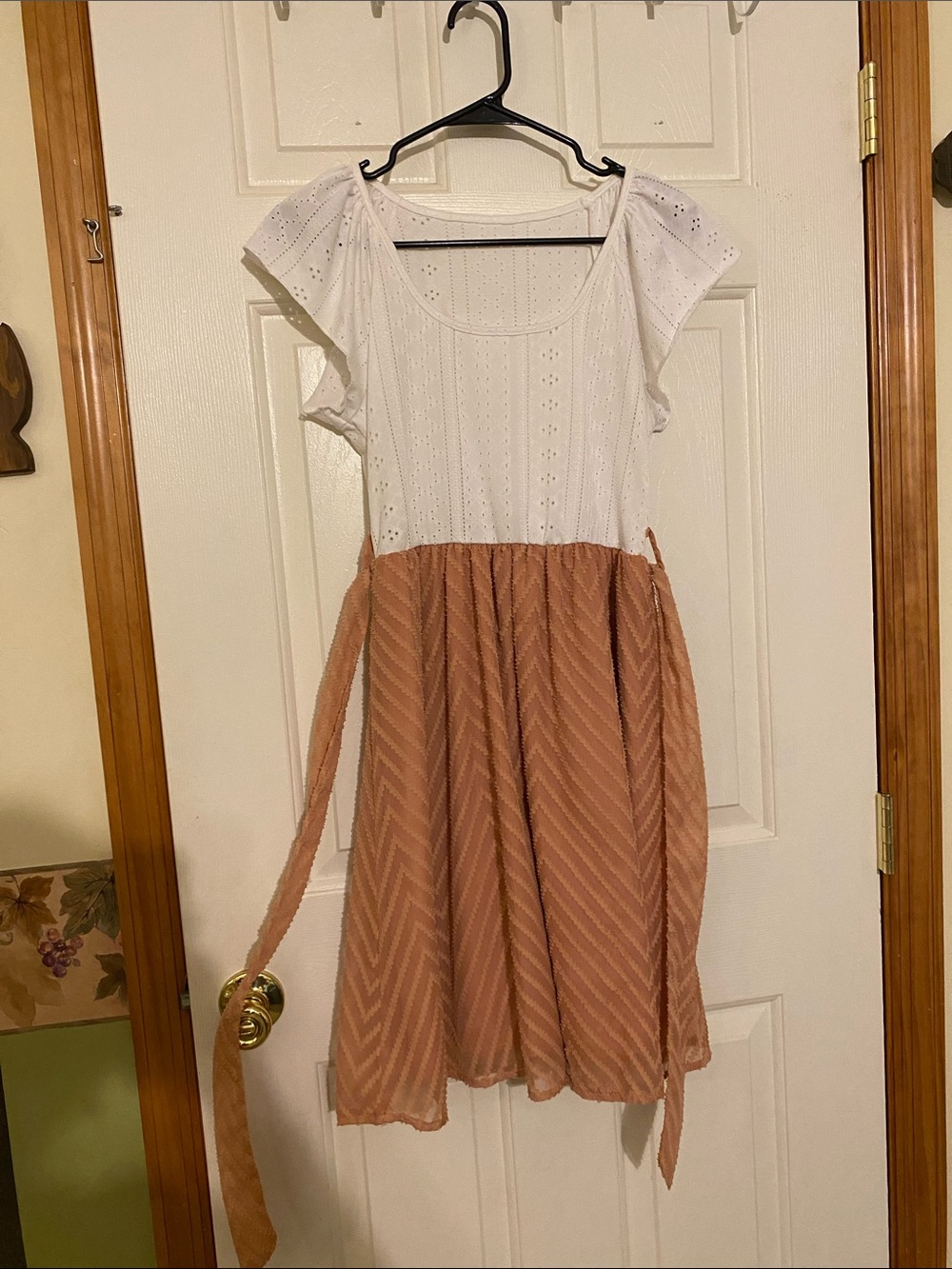 White Eyelet Top Mini Dress with Peach Skirt
